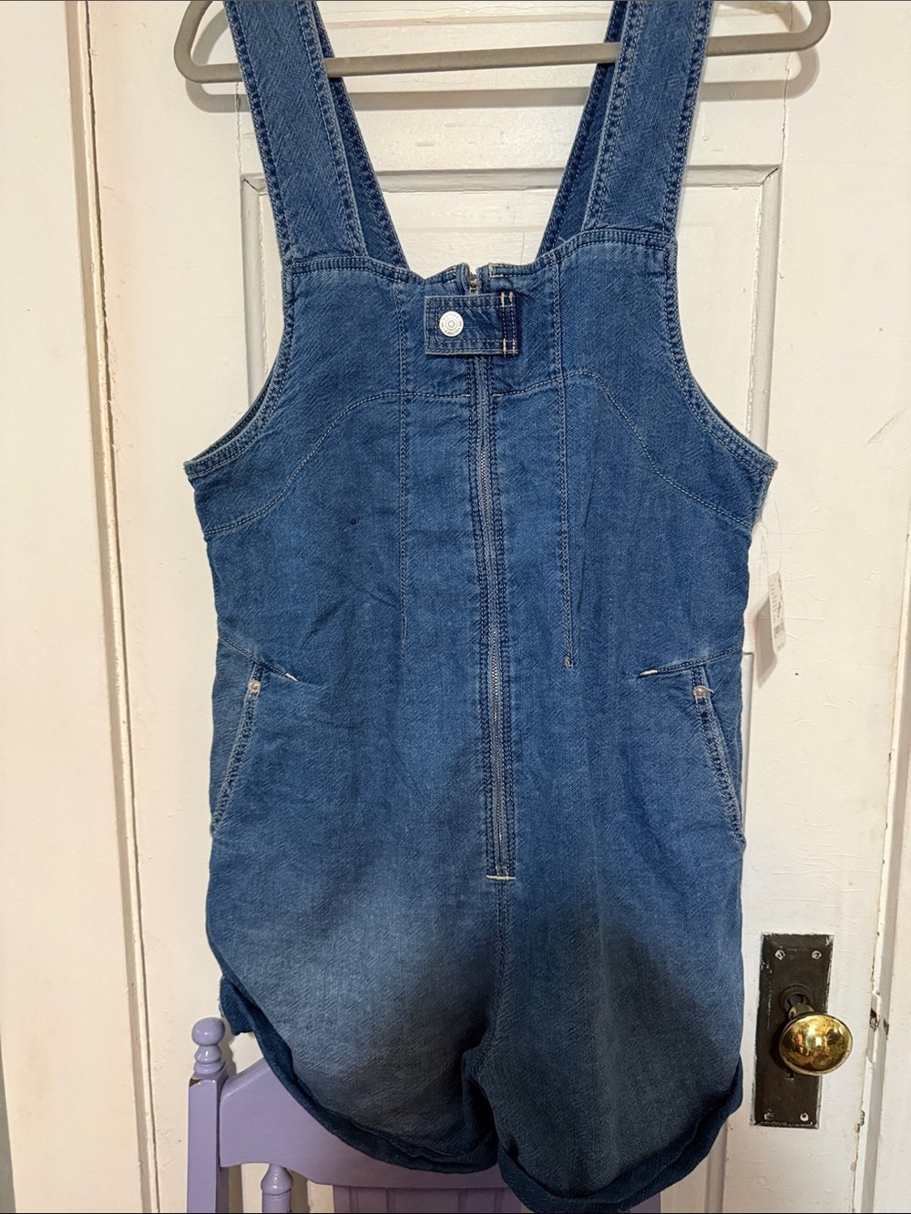 Free People Indigo Denim Zip-Front Short Overalls